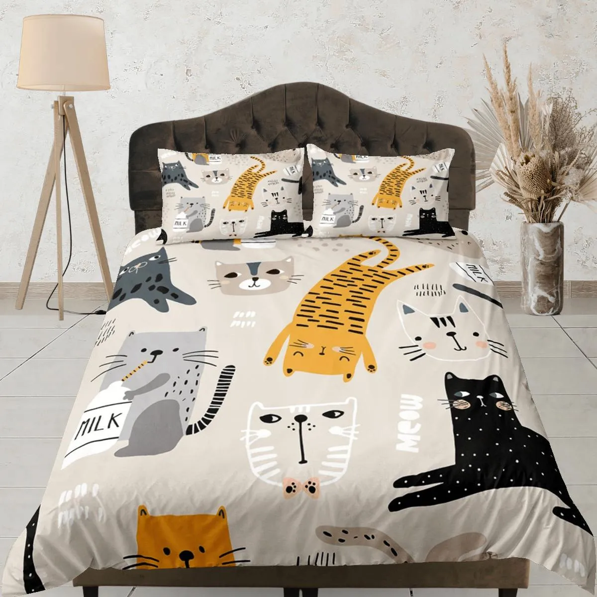 Cat Lovers Beige Bedding, Toddler Bedding, Kids Duvet Cover Set, Baby Zipper Bedding, Baby Shower Doona Cover up to California King Size