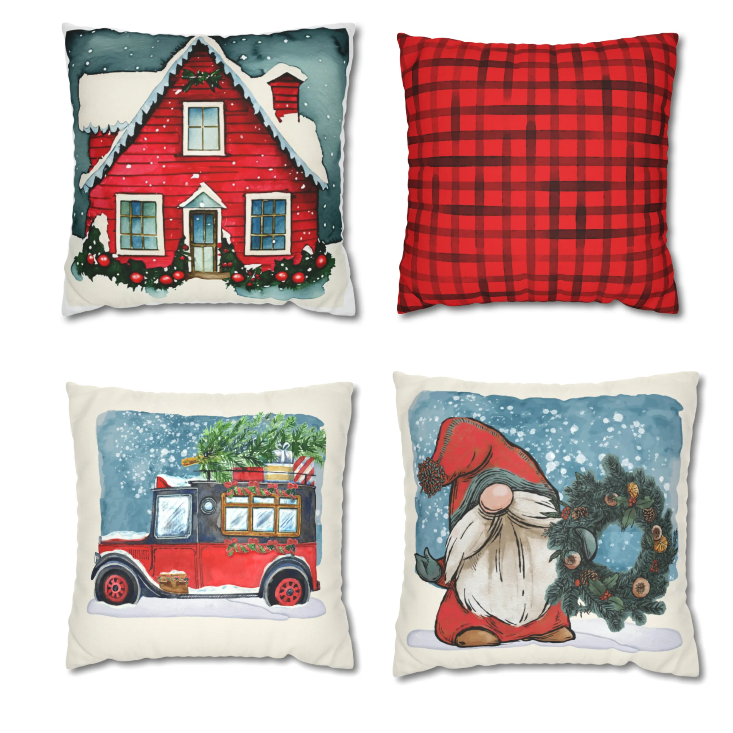 Christmas Pillow Covers, Square Pillow Covers, Cute Christmas Decor Pillowcase Set, Red House, Gnome Truck