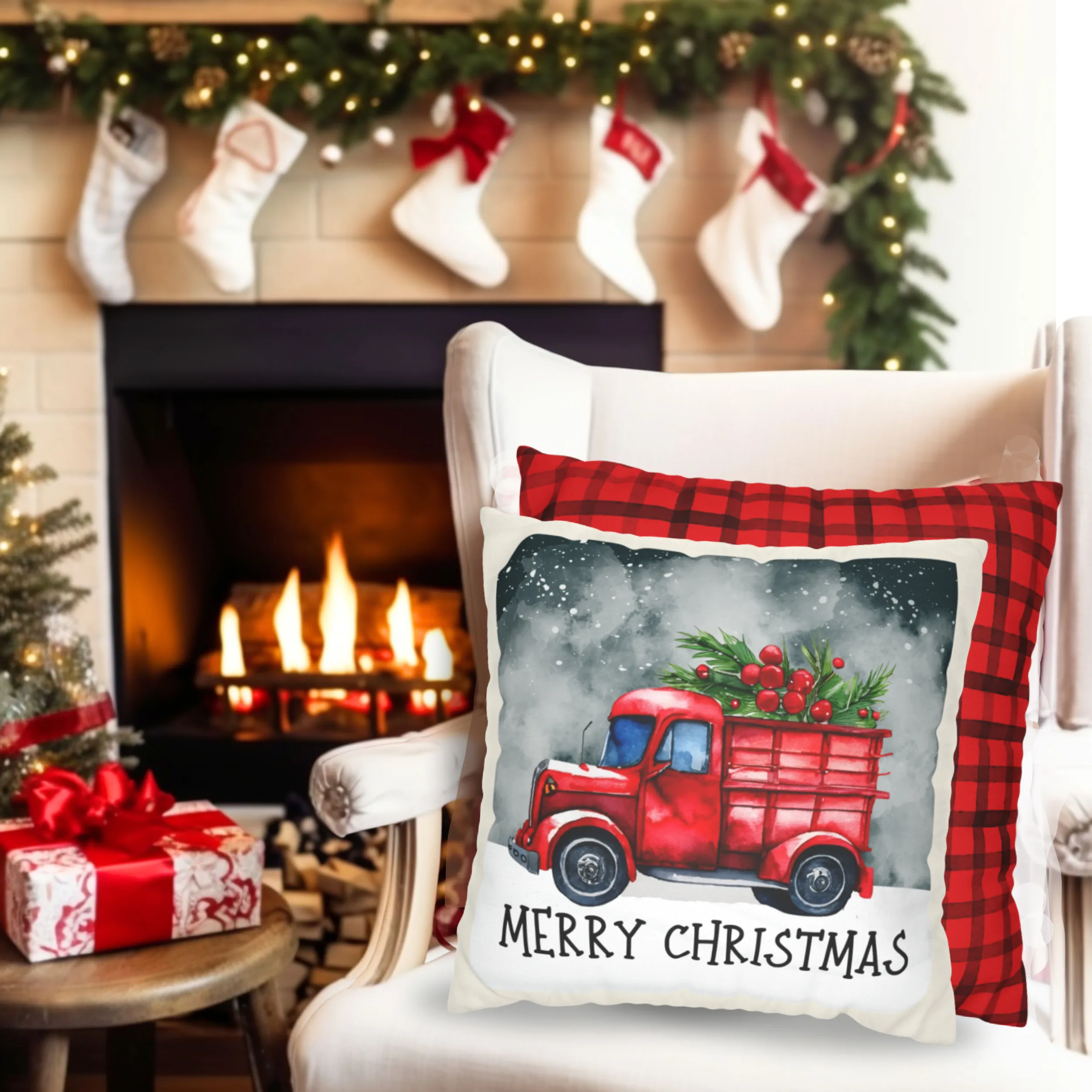 Christmas Pillow Covers, Square Pillow Covers, Cute Christmas Decor Pillowcase Set, Red House, Gnome Truck