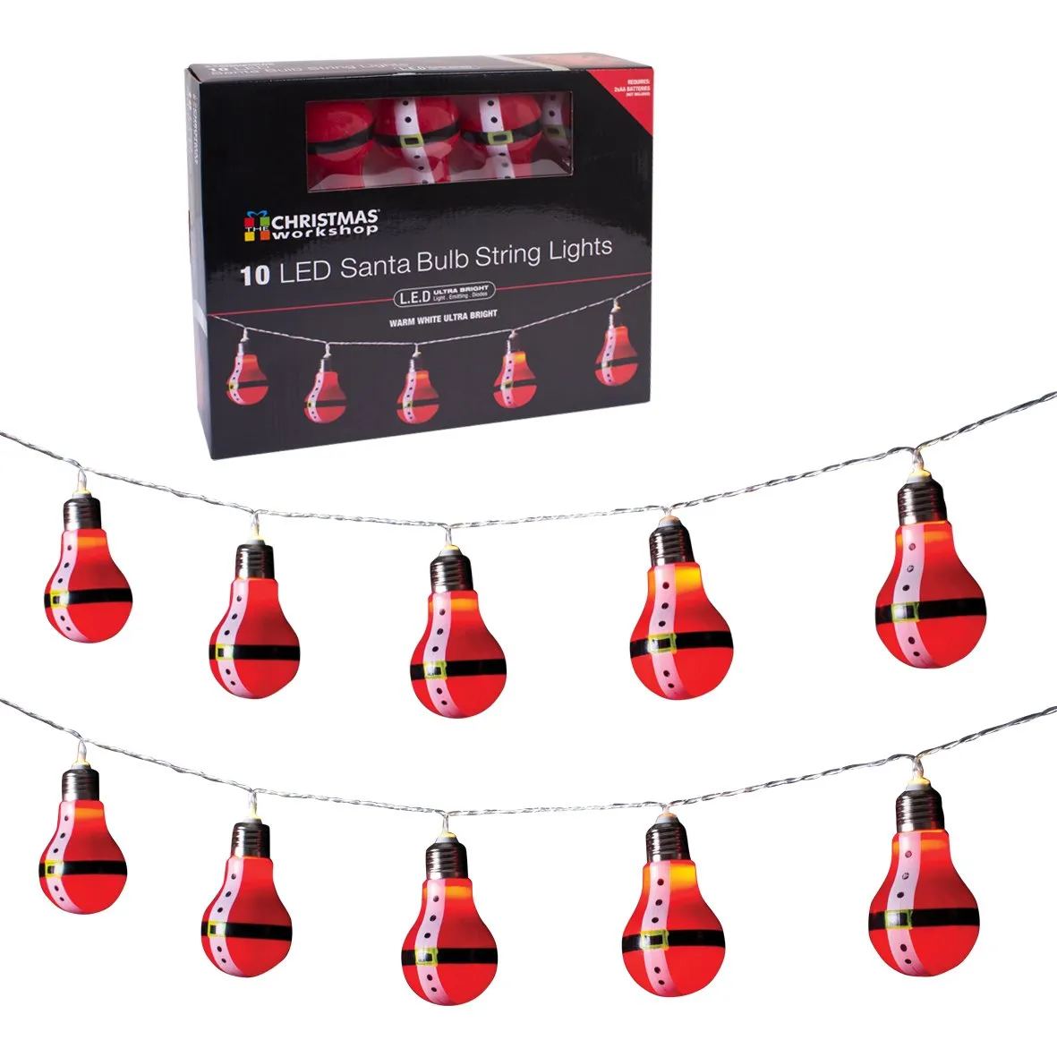 Christmas Workshop Battery Operated 10 LED Santa Retro Bulb Shaped String Lights, Plastic, Red,