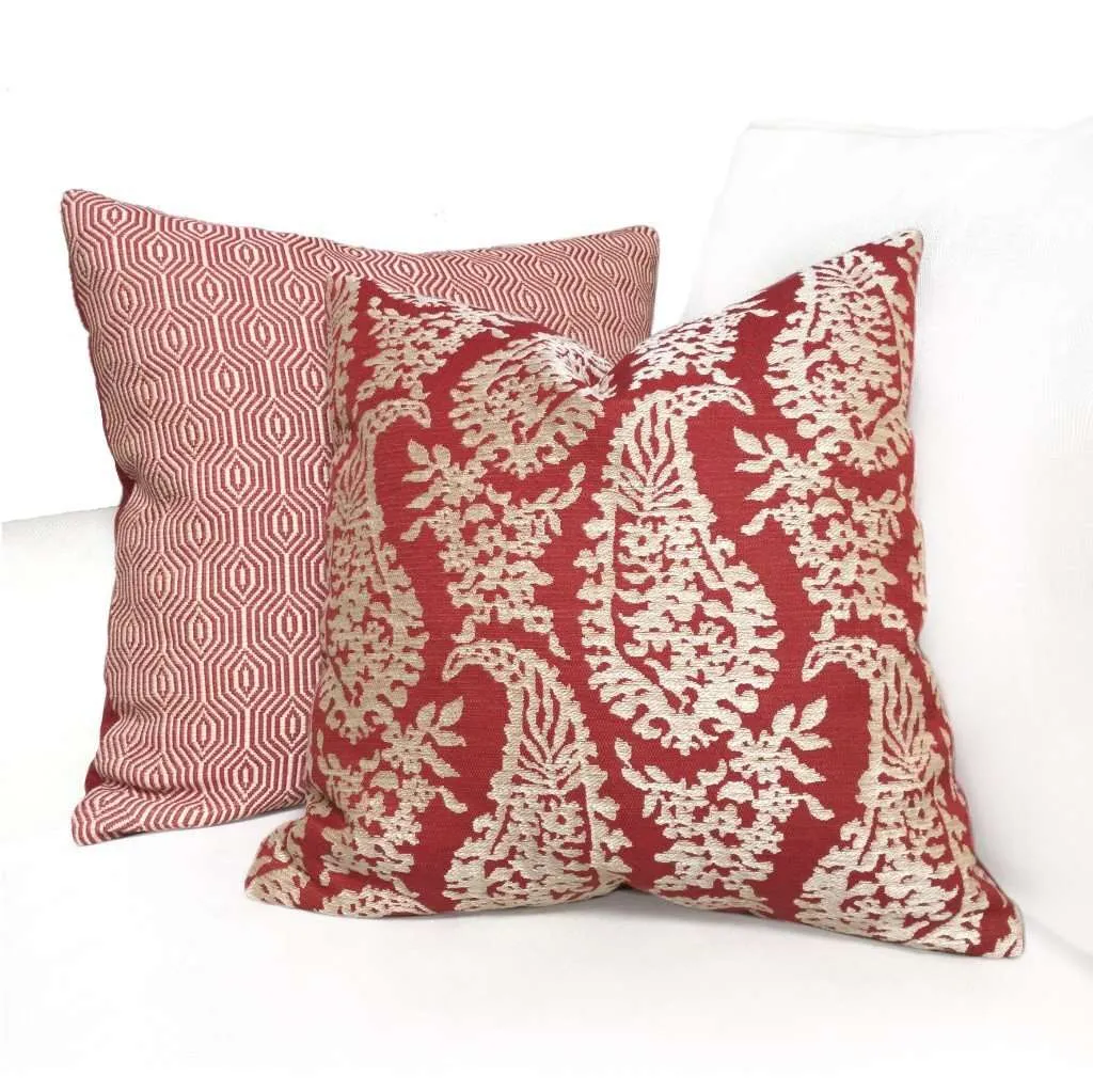 (CLEARANCE) Fabricut Napoli Lacquer Red Gold Paisley Floral Pillow Cover