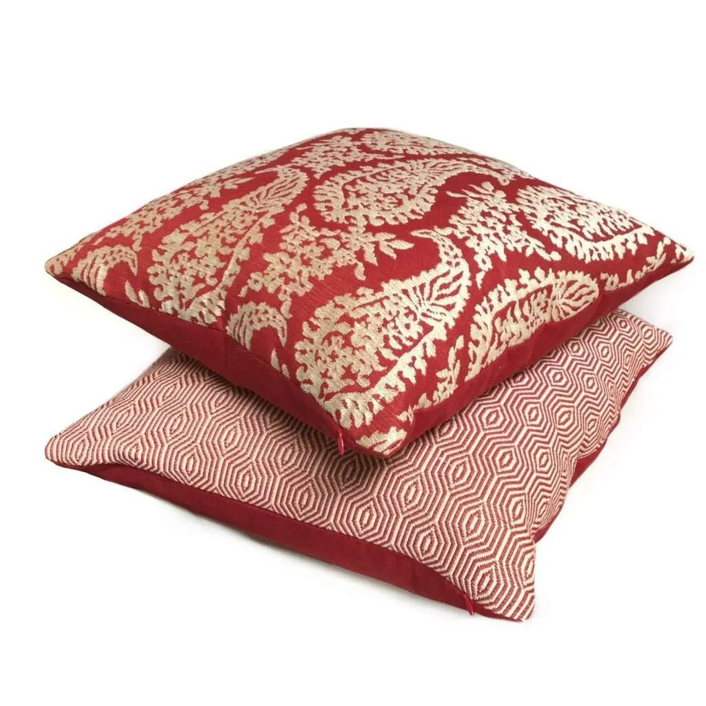 (CLEARANCE) Fabricut Napoli Lacquer Red Gold Paisley Floral Pillow Cover