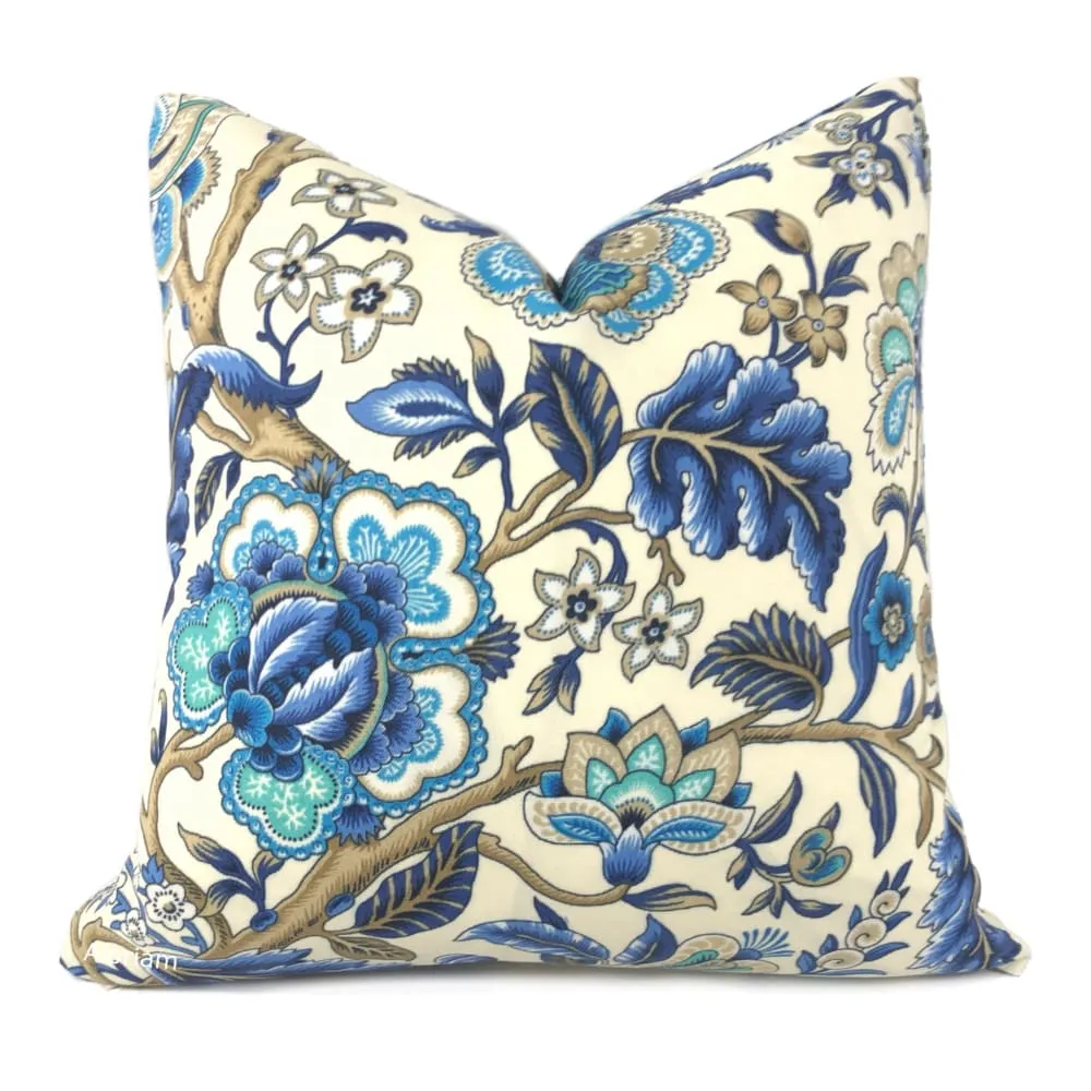 (CLEARANCE) Waverly Imperial Dress Ivory Blue Jacobean Floral Indoor Outdoor Pillow Cover