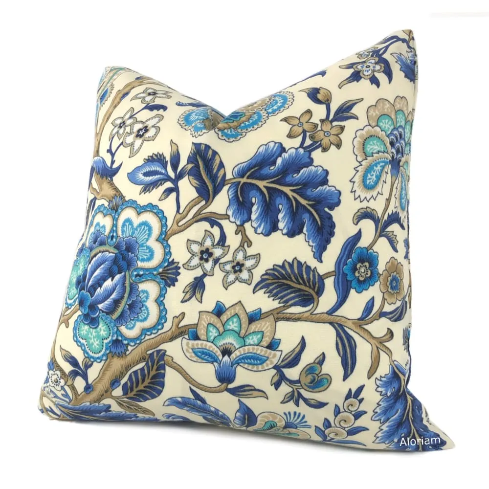 (CLEARANCE) Waverly Imperial Dress Ivory Blue Jacobean Floral Indoor Outdoor Pillow Cover