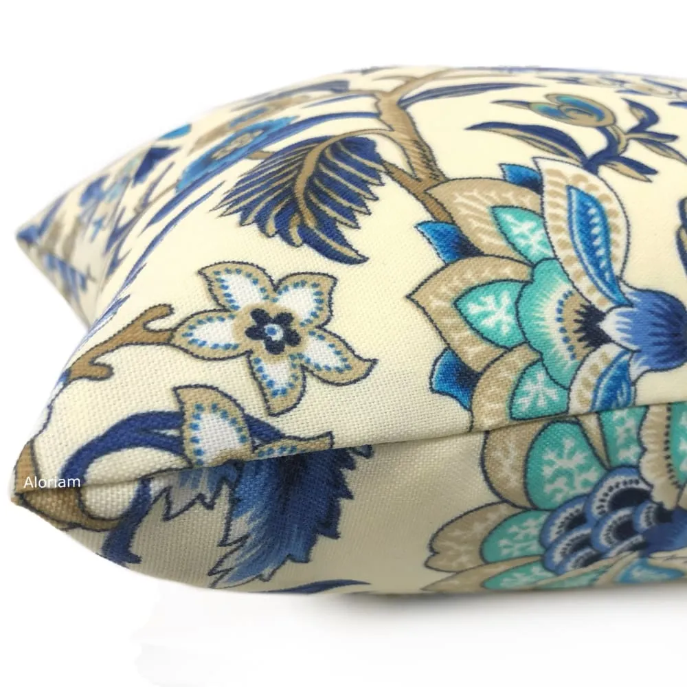 (CLEARANCE) Waverly Imperial Dress Ivory Blue Jacobean Floral Indoor Outdoor Pillow Cover