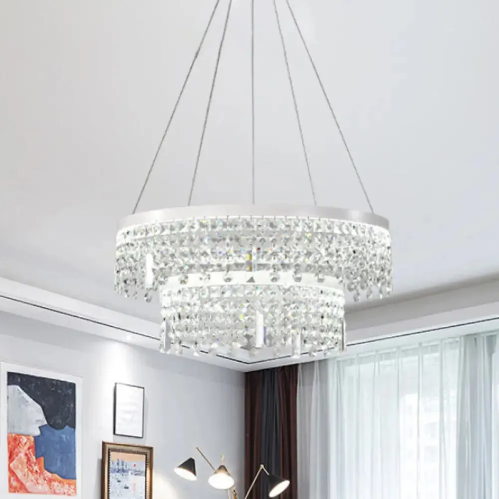 Contemporary Crystal LED Chandelier Lamp with Dual-Tiered Ring Design – Silver Suspension Lighting in Warm/White Light