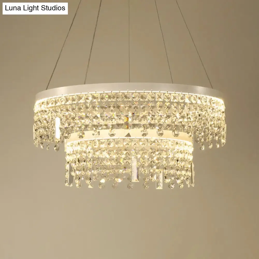 Contemporary Crystal LED Chandelier Lamp with Dual-Tiered Ring Design – Silver Suspension Lighting in Warm/White Light