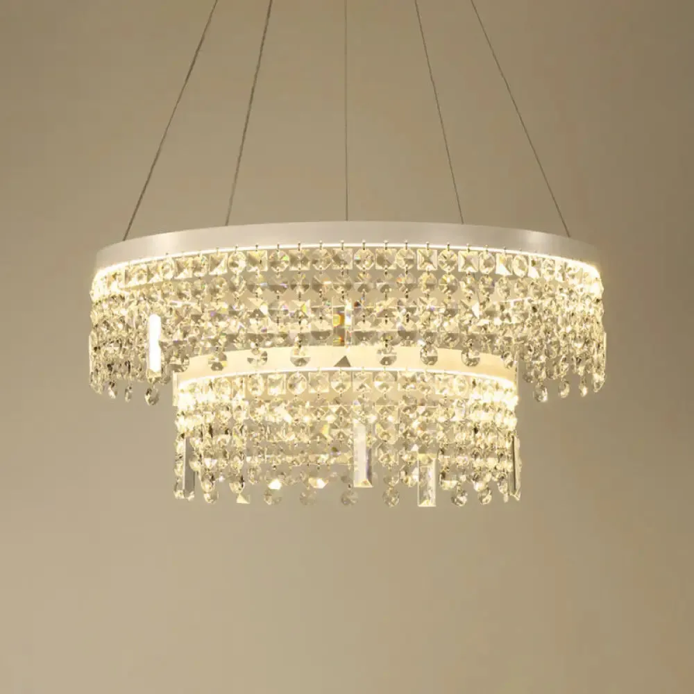 Contemporary Crystal LED Chandelier Lamp with Dual-Tiered Ring Design – Silver Suspension Lighting in Warm/White Light