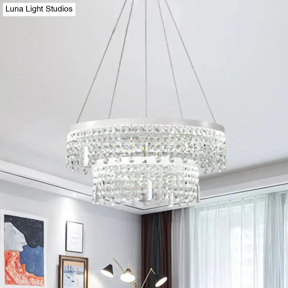 Contemporary Crystal LED Chandelier Lamp with Dual-Tiered Ring Design – Silver Suspension Lighting in Warm/White Light