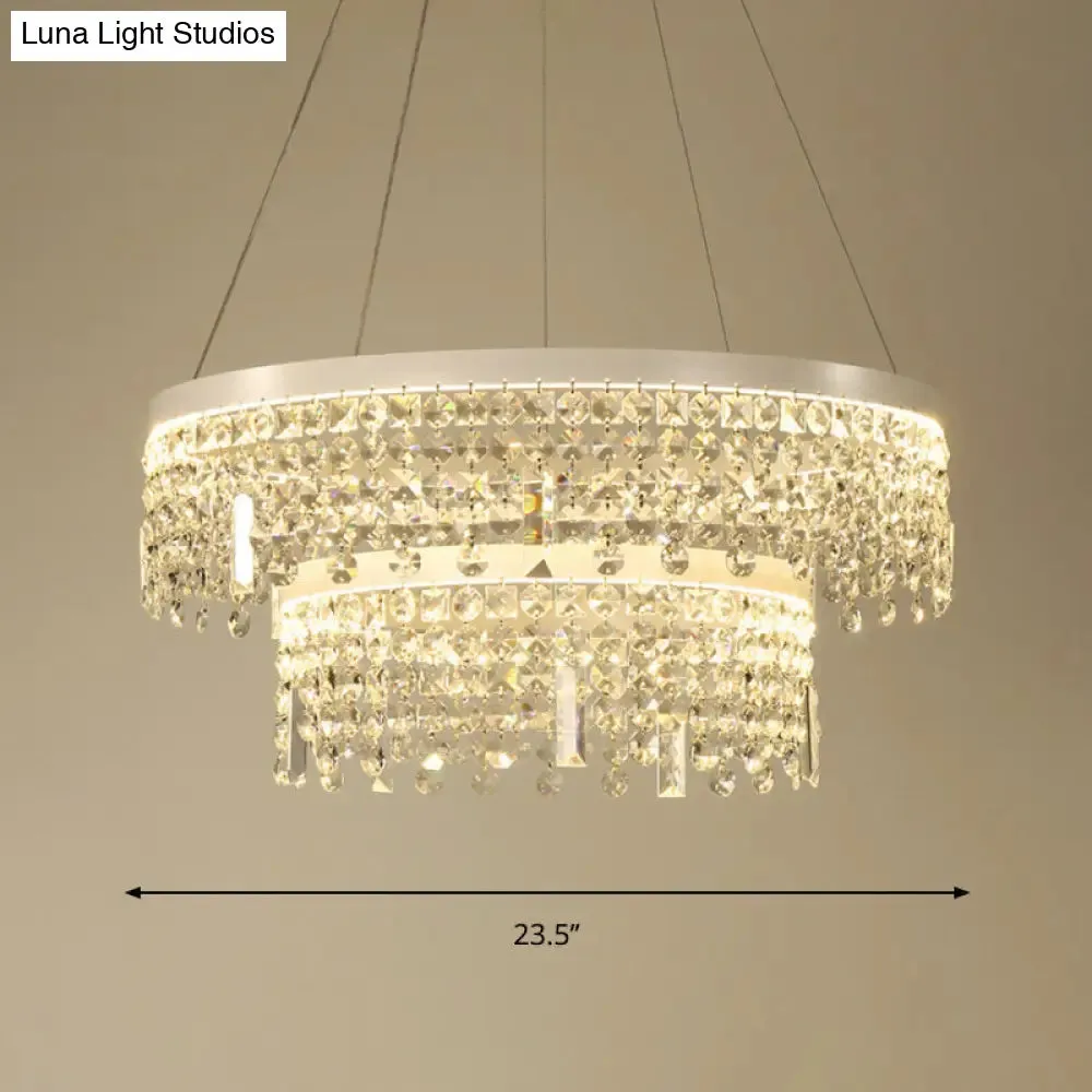 Contemporary Crystal LED Chandelier Lamp with Dual-Tiered Ring Design – Silver Suspension Lighting in Warm/White Light