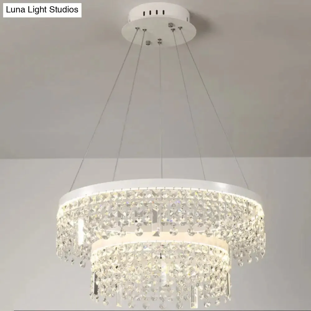 Contemporary Crystal LED Chandelier Lamp with Dual-Tiered Ring Design – Silver Suspension Lighting in Warm/White Light