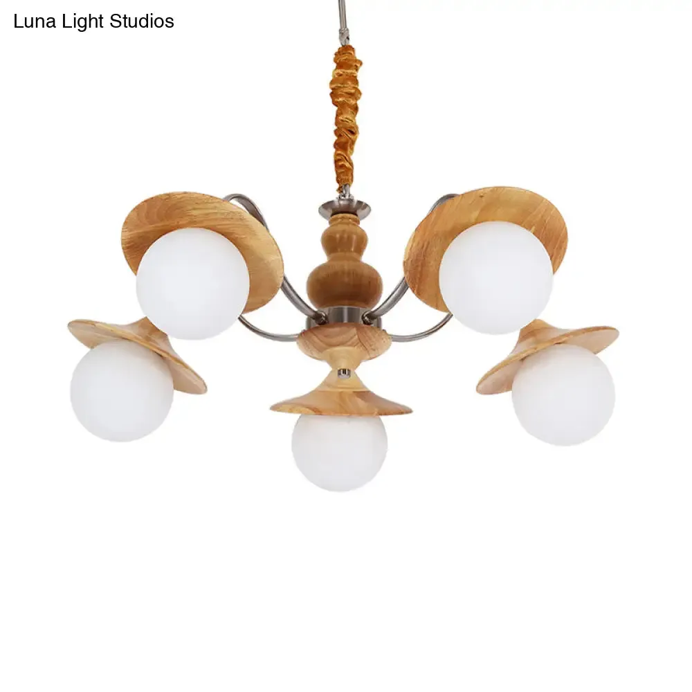 Contemporary Wood Chandelier with Flared Design - 5 Bulb Hanging Light Kit for Restaurants, Featuring Cream Glass Shades