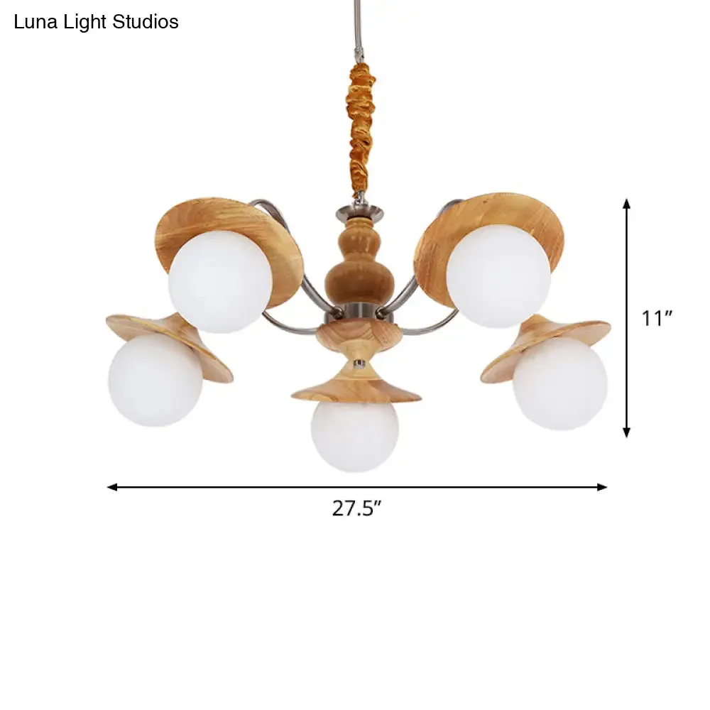 Contemporary Wood Chandelier with Flared Design - 5 Bulb Hanging Light Kit for Restaurants, Featuring Cream Glass Shades