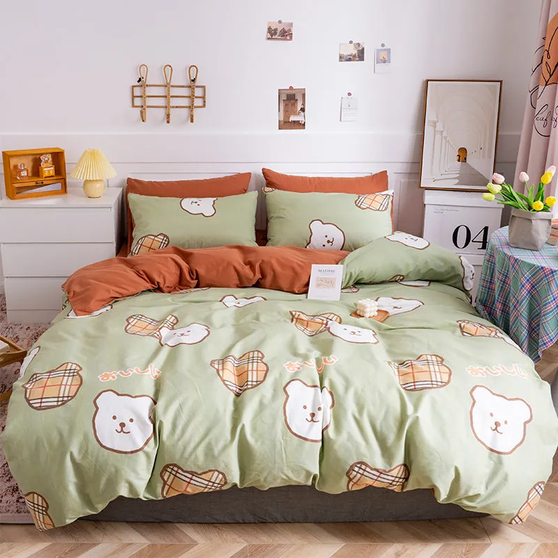 Cotton Four-piece Set Girl Heart Cartoon Pure Cotton  Linen Duvet Cover Bed