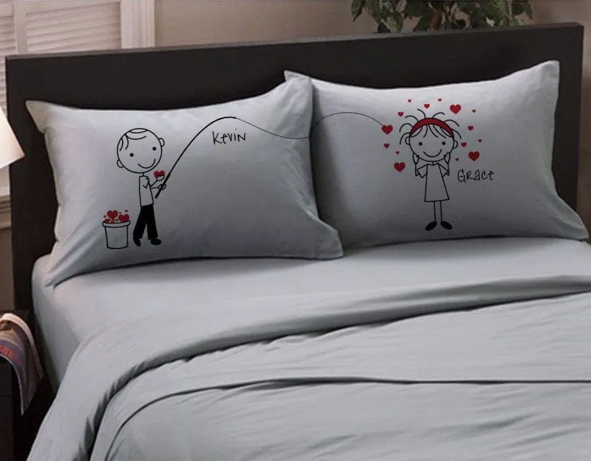 Cute Fishing for Love Boyfriend Girlfriend Valentines Day Gift Personalized  Pillow Cover Couples Anniversary Stick People Bf Gf