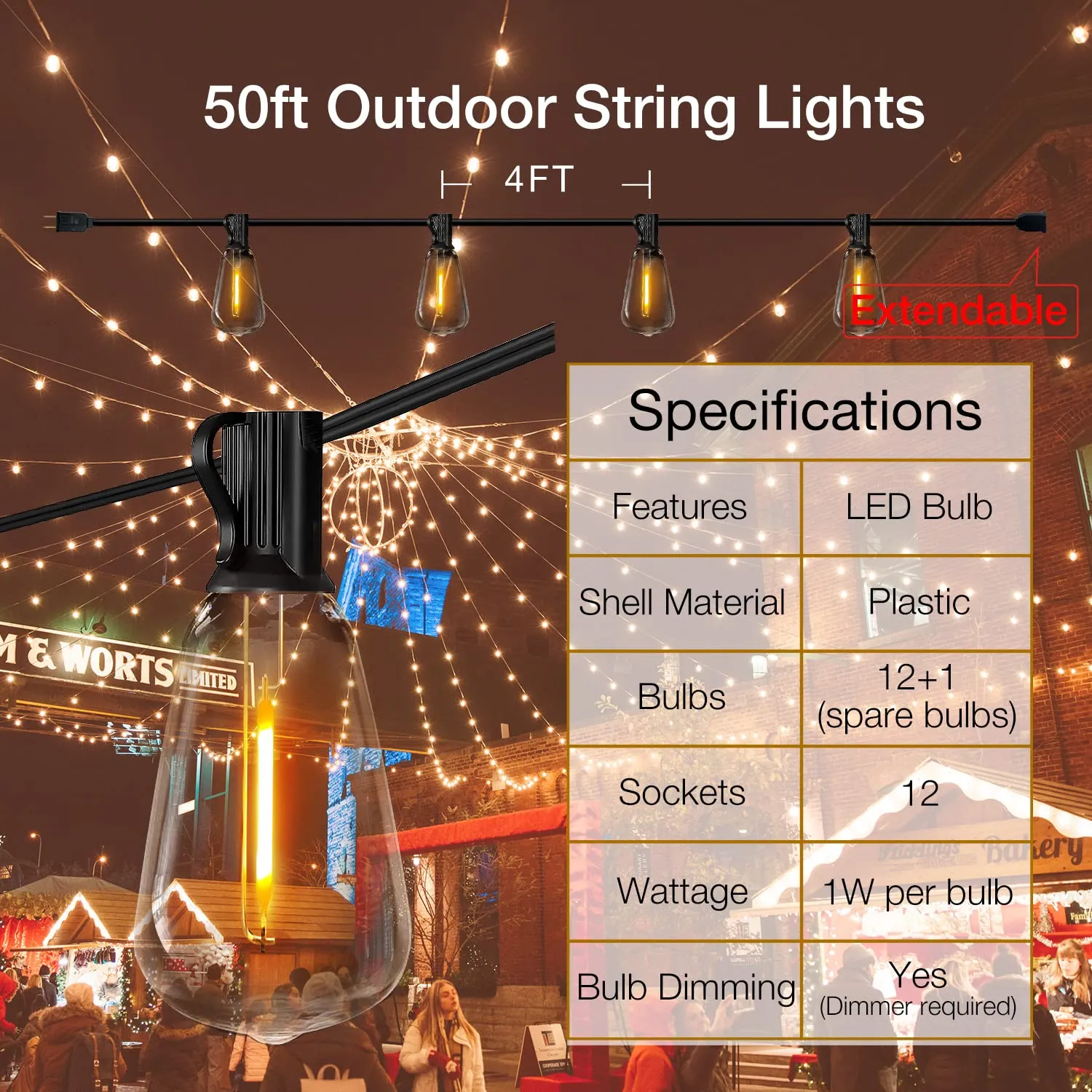 DAYBETTER Solar Powered LED Outdoor String Lights 100FT, Dimmable Hanging Waterproof Patio Lights with 24 Bulbs, Shatterproof Porch Backyard String Lights for Outside - Soft White Light (100 FT-ST38)