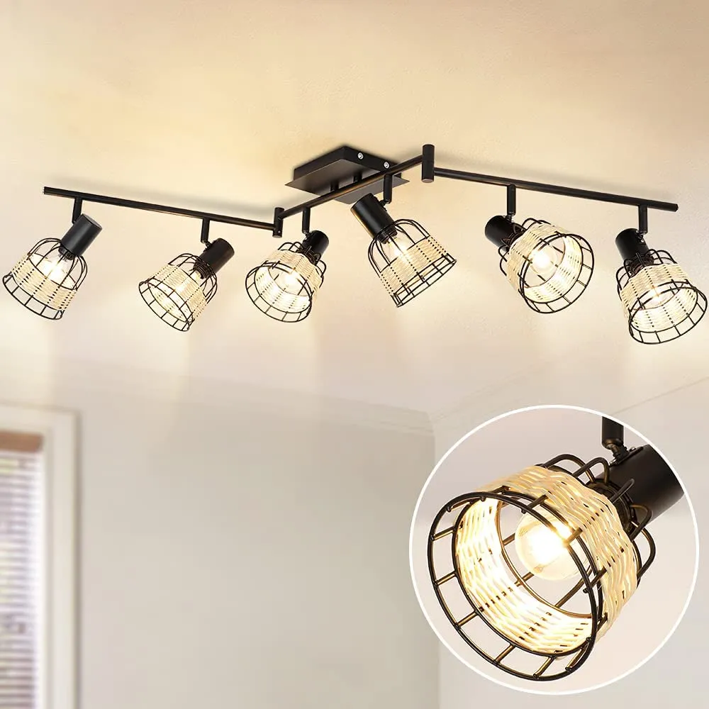 Depuley Vintage Track Ceiling Spotlight, 6-Head Bamboo LED Track Lighting Kit, Industrial Track Lamp, Rattan Caged Wall Light Fixture for Kitchen Island Living Room Bedroom