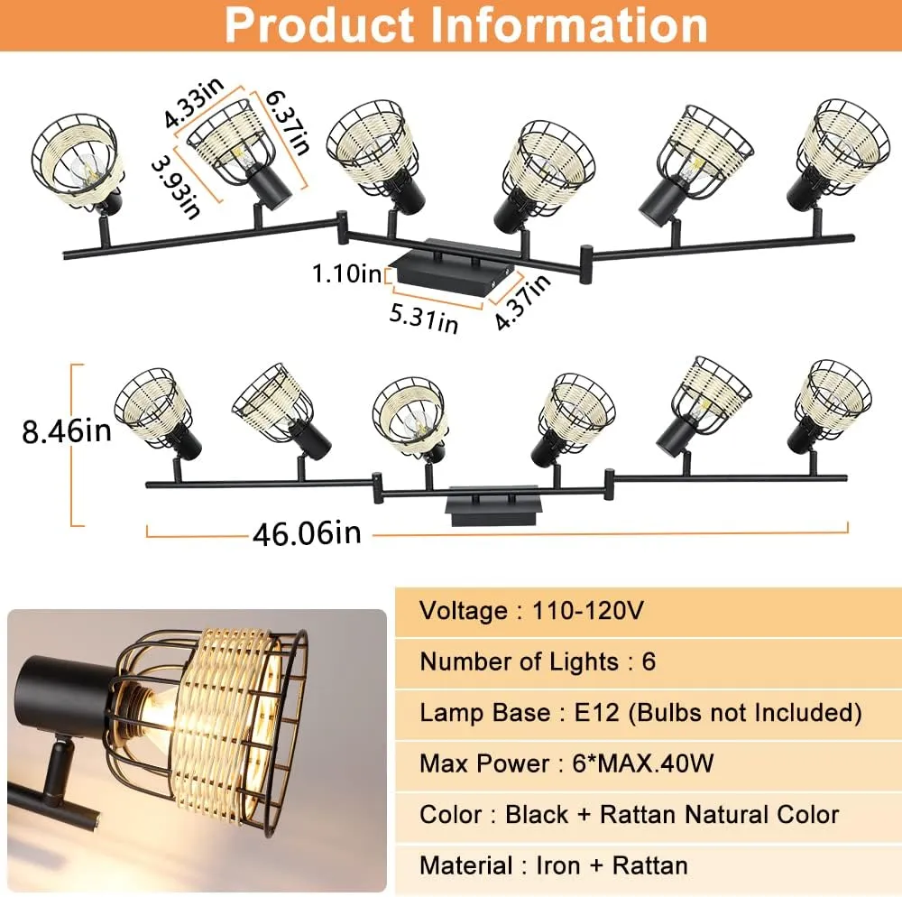 Depuley Vintage Track Ceiling Spotlight, 6-Head Bamboo LED Track Lighting Kit, Industrial Track Lamp, Rattan Caged Wall Light Fixture for Kitchen Island Living Room Bedroom