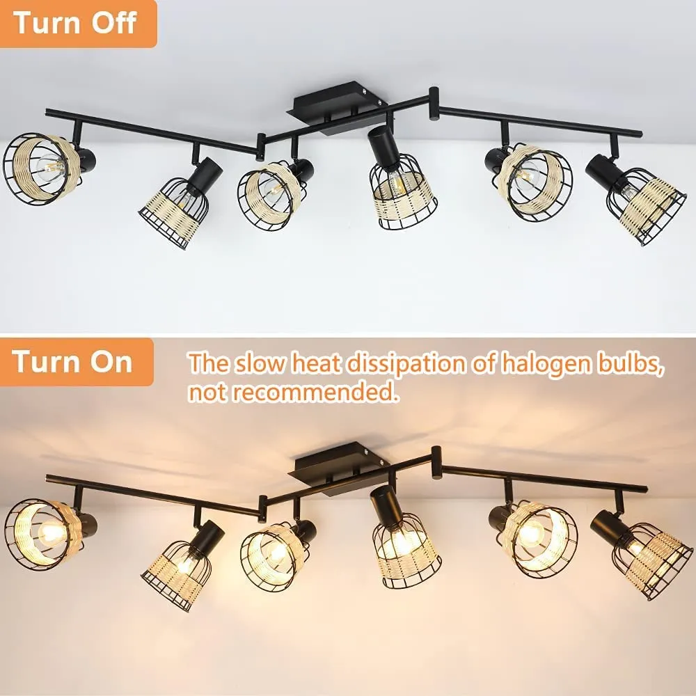 Depuley Vintage Track Ceiling Spotlight, 6-Head Bamboo LED Track Lighting Kit, Industrial Track Lamp, Rattan Caged Wall Light Fixture for Kitchen Island Living Room Bedroom