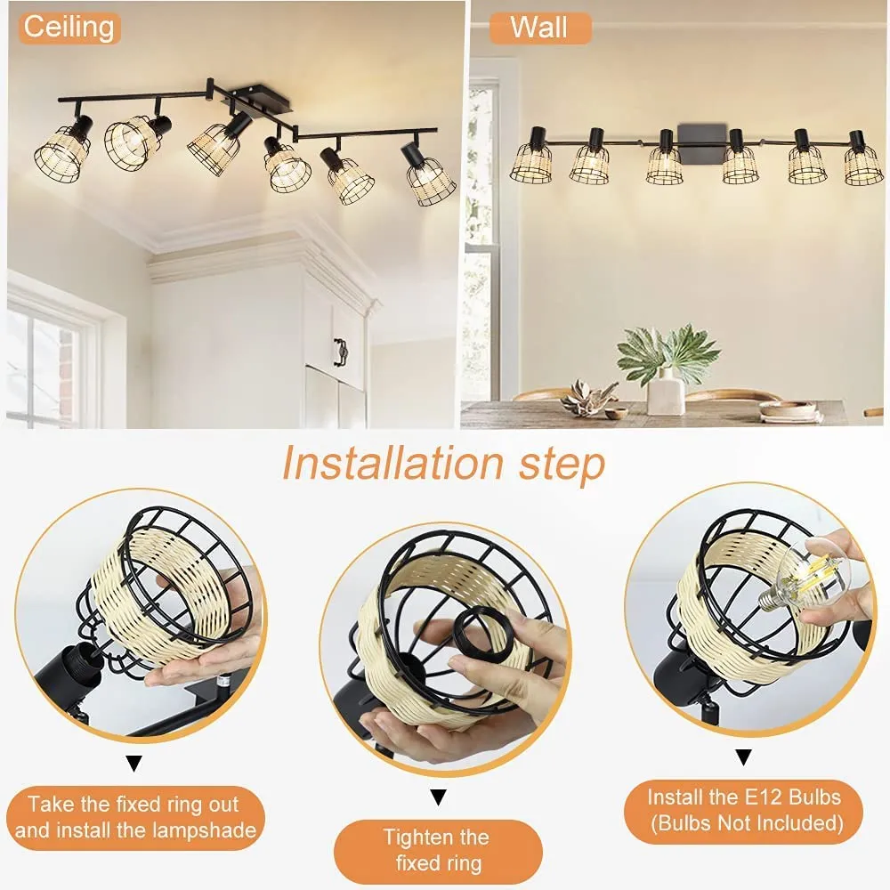 Depuley Vintage Track Ceiling Spotlight, 6-Head Bamboo LED Track Lighting Kit, Industrial Track Lamp, Rattan Caged Wall Light Fixture for Kitchen Island Living Room Bedroom