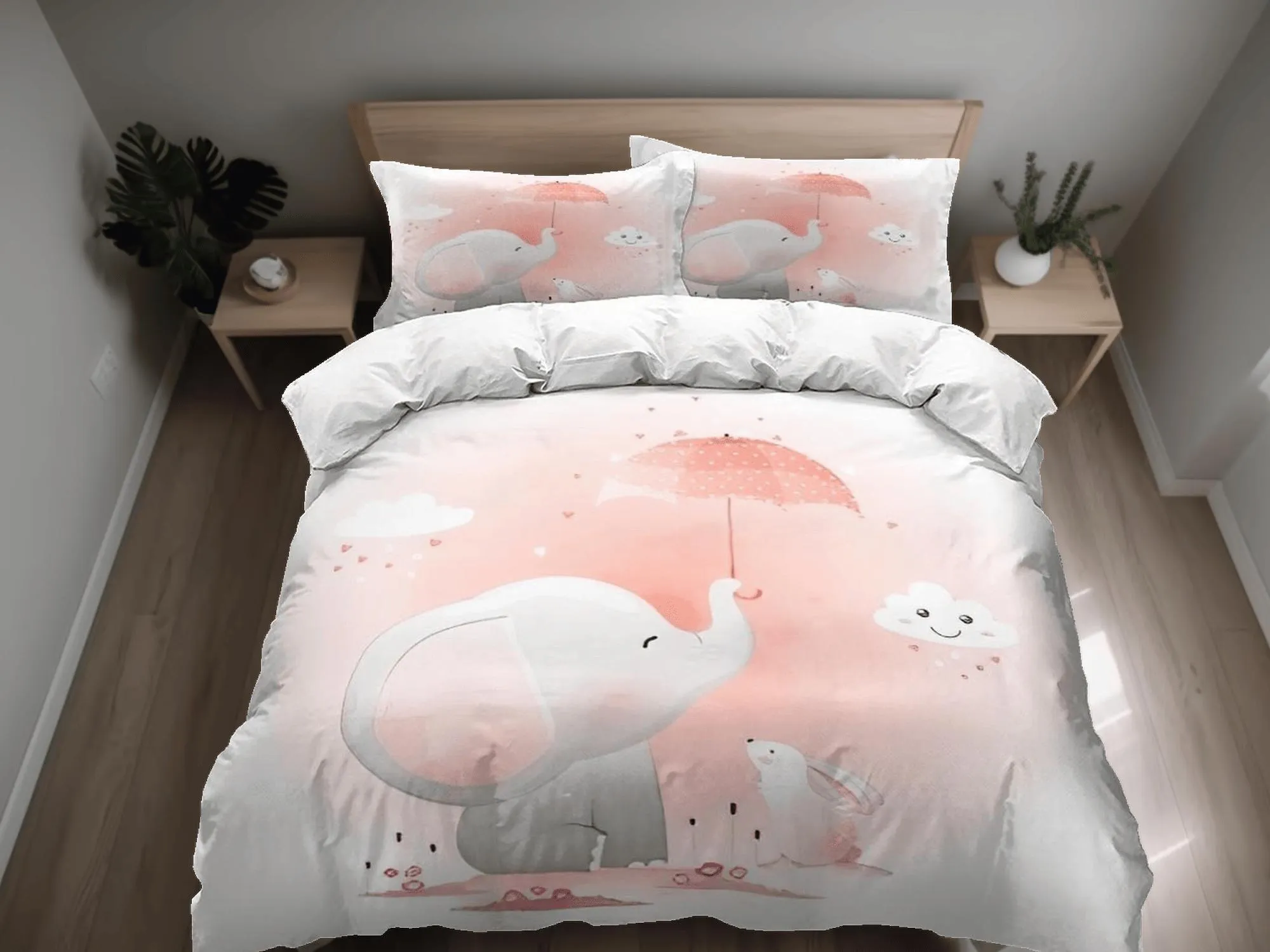 Elephant and bunny in a rainy day bedding cute duvet cover set, kids bedding full, nursery bed decor, elephant baby shower, toddler bedding