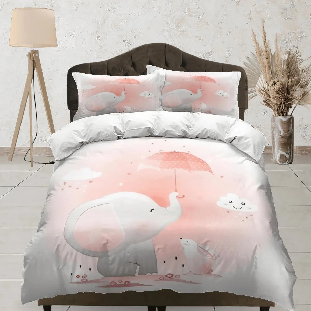 Elephant and bunny in a rainy day bedding cute duvet cover set, kids bedding full, nursery bed decor, elephant baby shower, toddler bedding