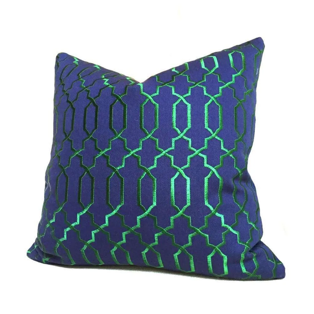 Elysa Navy Blue Emerald Green Embroidered Lattice Fretwork Pillow Cover