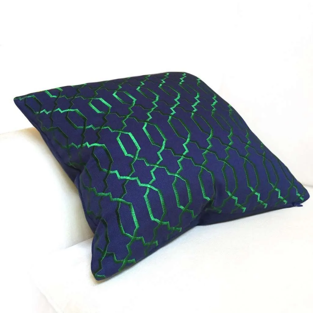 Elysa Navy Blue Emerald Green Embroidered Lattice Fretwork Pillow Cover