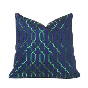 Elysa Navy Blue Emerald Green Embroidered Lattice Fretwork Pillow Cover