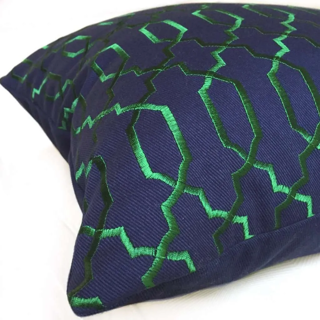 Elysa Navy Blue Emerald Green Embroidered Lattice Fretwork Pillow Cover