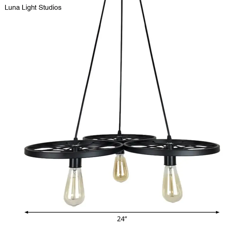 Farmhouse Black Wheel Chandelier Pendant Lamp (3/6-Light Iron Hanging Bistro Ceiling Fixture)