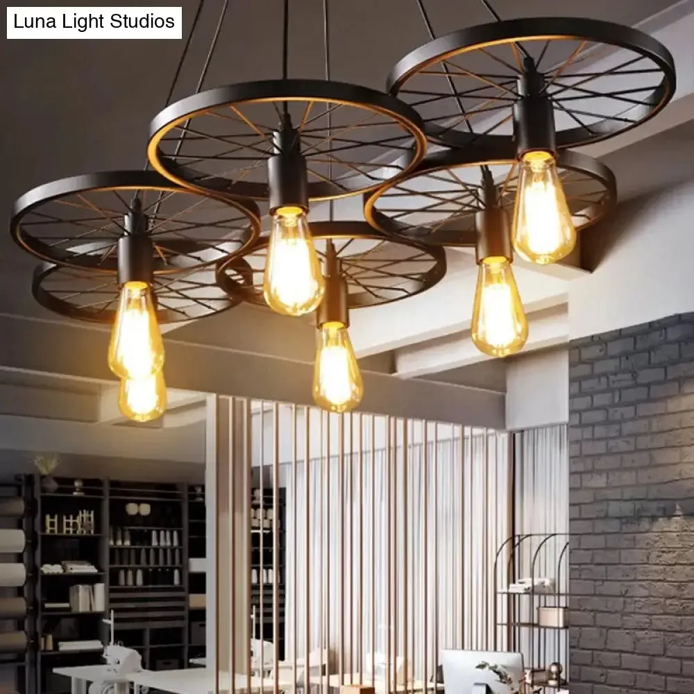 Farmhouse Black Wheel Chandelier Pendant Lamp (3/6-Light Iron Hanging Bistro Ceiling Fixture)