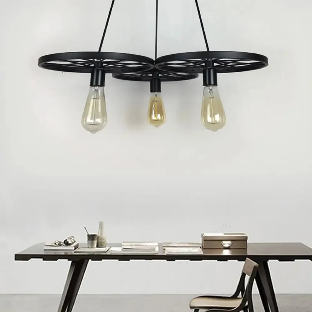 Farmhouse Black Wheel Chandelier Pendant Lamp (3/6-Light Iron Hanging Bistro Ceiling Fixture)