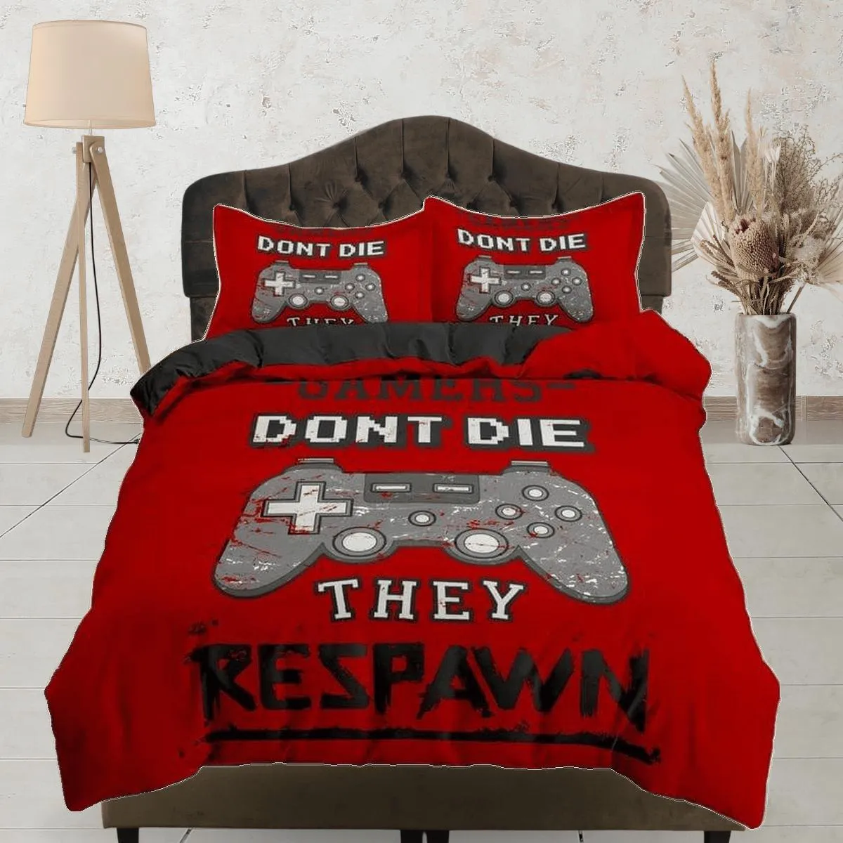 Gamers dont die bedding red duvet cover, video gamer boyfriend gift bedding set full king queen twin, boys bedroom, college dorm bedding