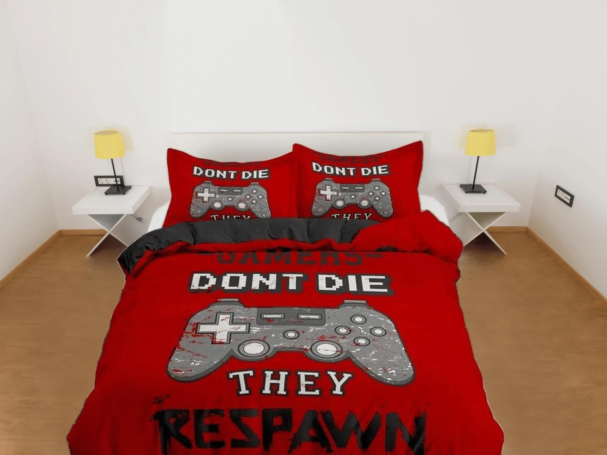 Gamers dont die bedding red duvet cover, video gamer boyfriend gift bedding set full king queen twin, boys bedroom, college dorm bedding