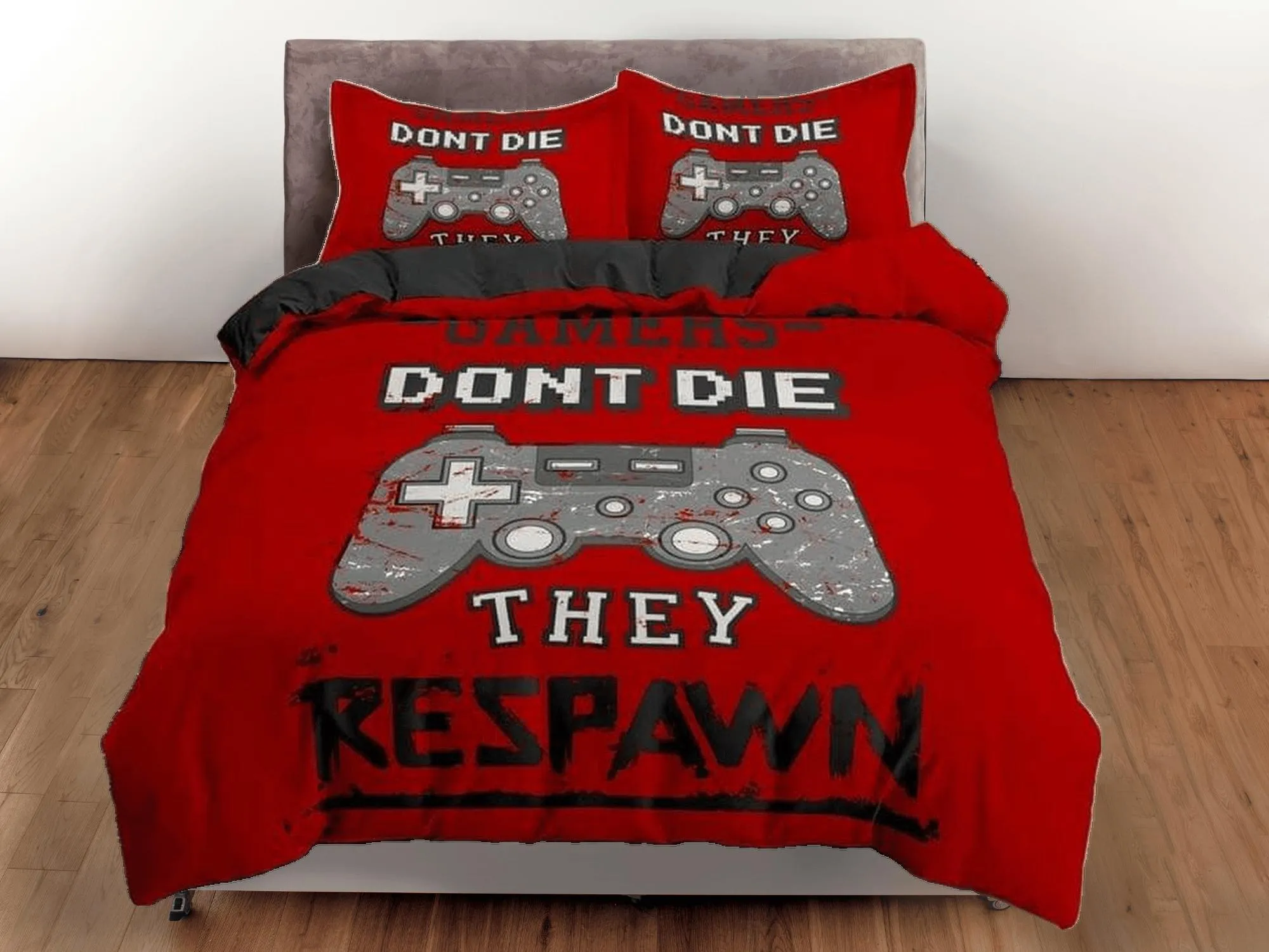 Gamers dont die bedding red duvet cover, video gamer boyfriend gift bedding set full king queen twin, boys bedroom, college dorm bedding