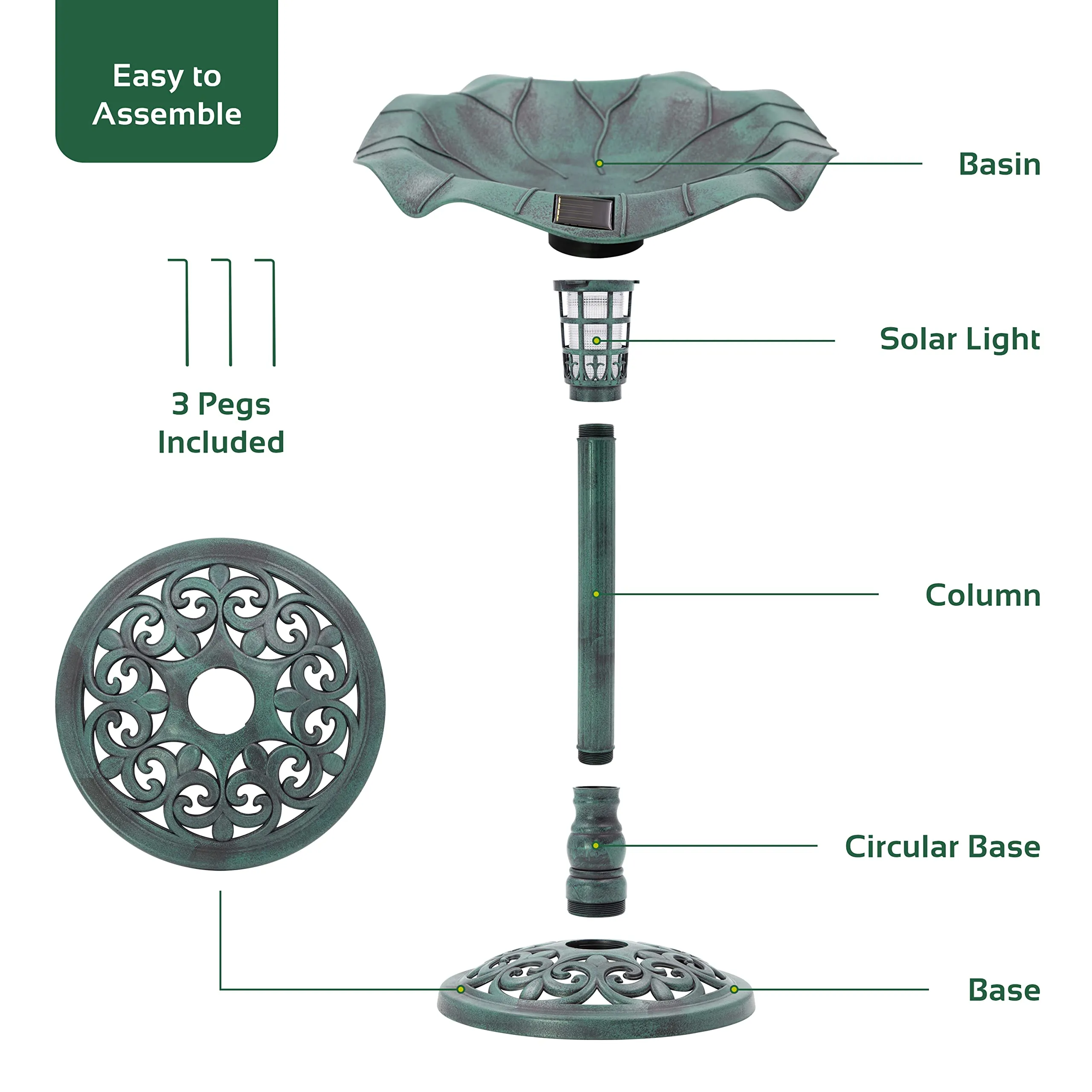 GardenKraft 17430 Bird Bath with Solar Powered Light & Verdigris Metal Effect/Decorative Weatherproof Garden Feature/Easy To Assemble / 80cm x 43cm