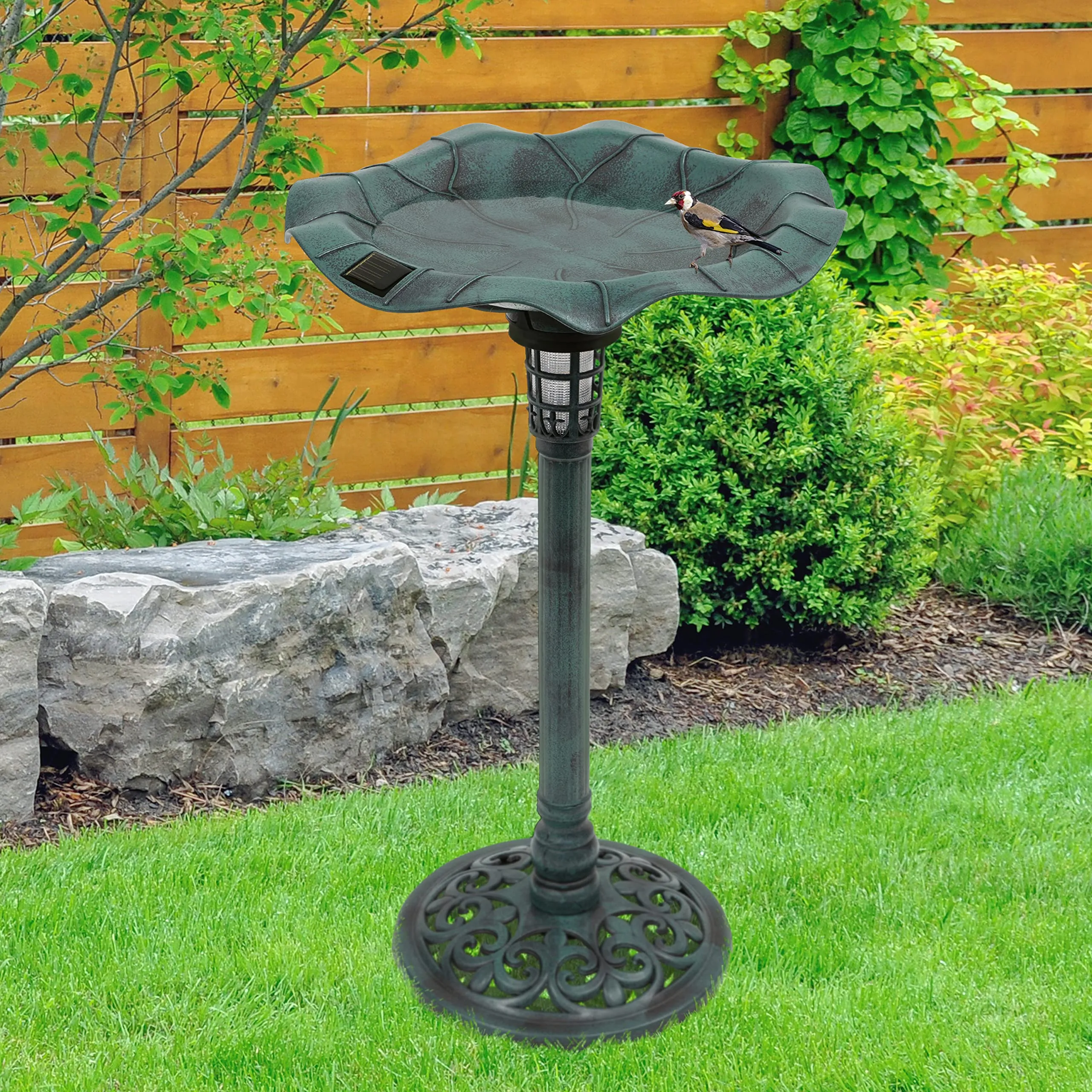 GardenKraft 17430 Bird Bath with Solar Powered Light & Verdigris Metal Effect/Decorative Weatherproof Garden Feature/Easy To Assemble / 80cm x 43cm