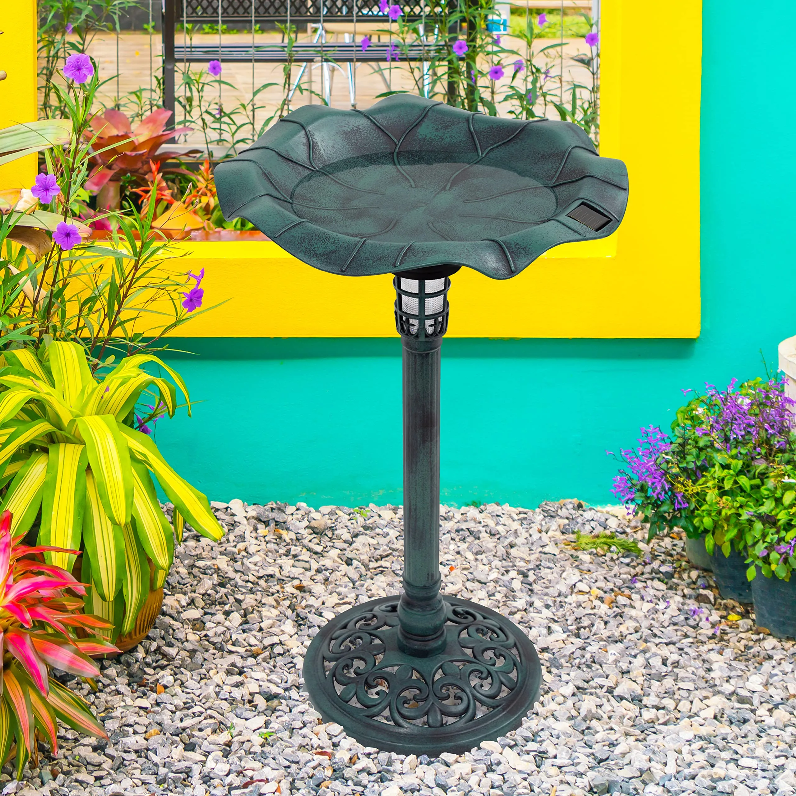 GardenKraft 17430 Bird Bath with Solar Powered Light & Verdigris Metal Effect/Decorative Weatherproof Garden Feature/Easy To Assemble / 80cm x 43cm