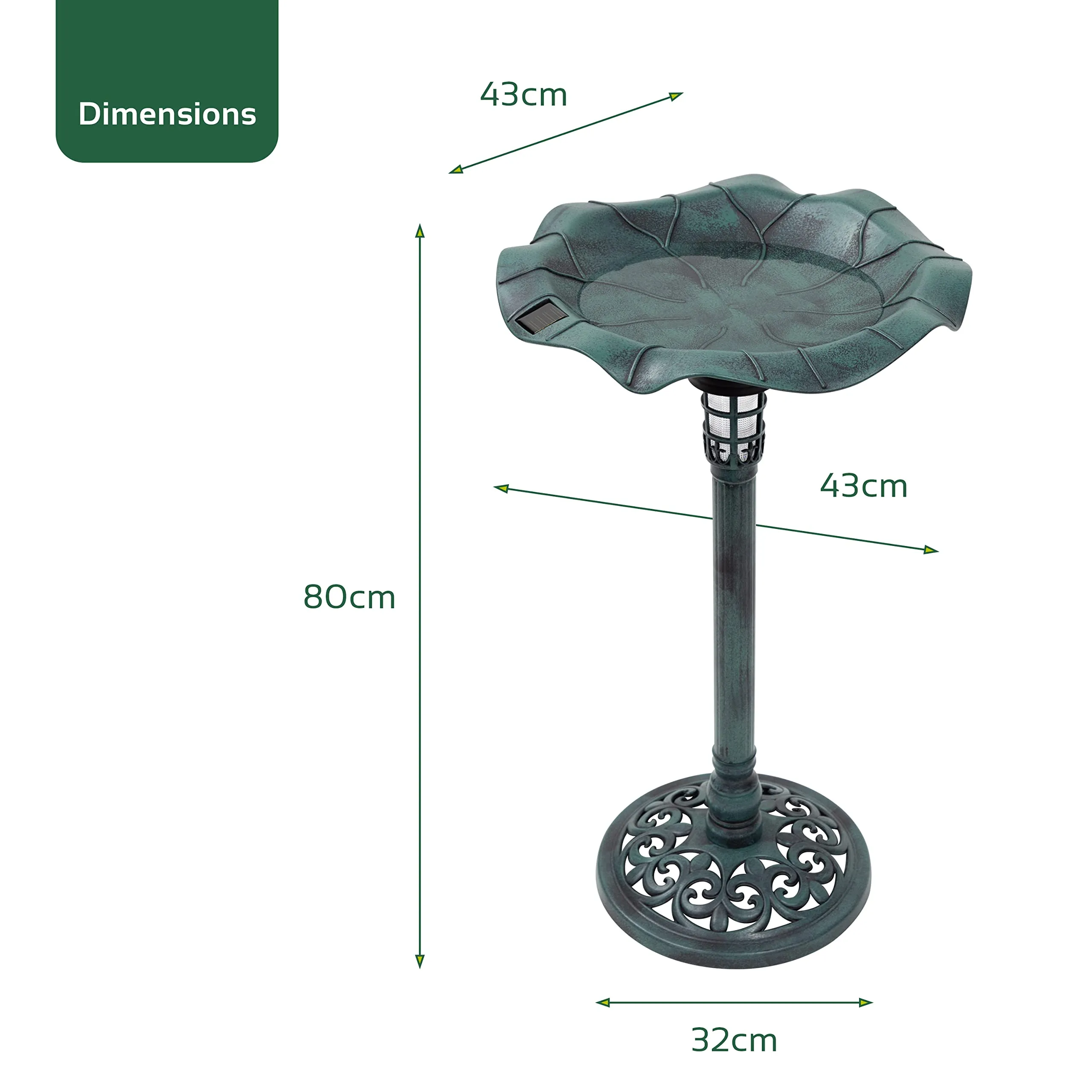 GardenKraft 17430 Bird Bath with Solar Powered Light & Verdigris Metal Effect/Decorative Weatherproof Garden Feature/Easy To Assemble / 80cm x 43cm