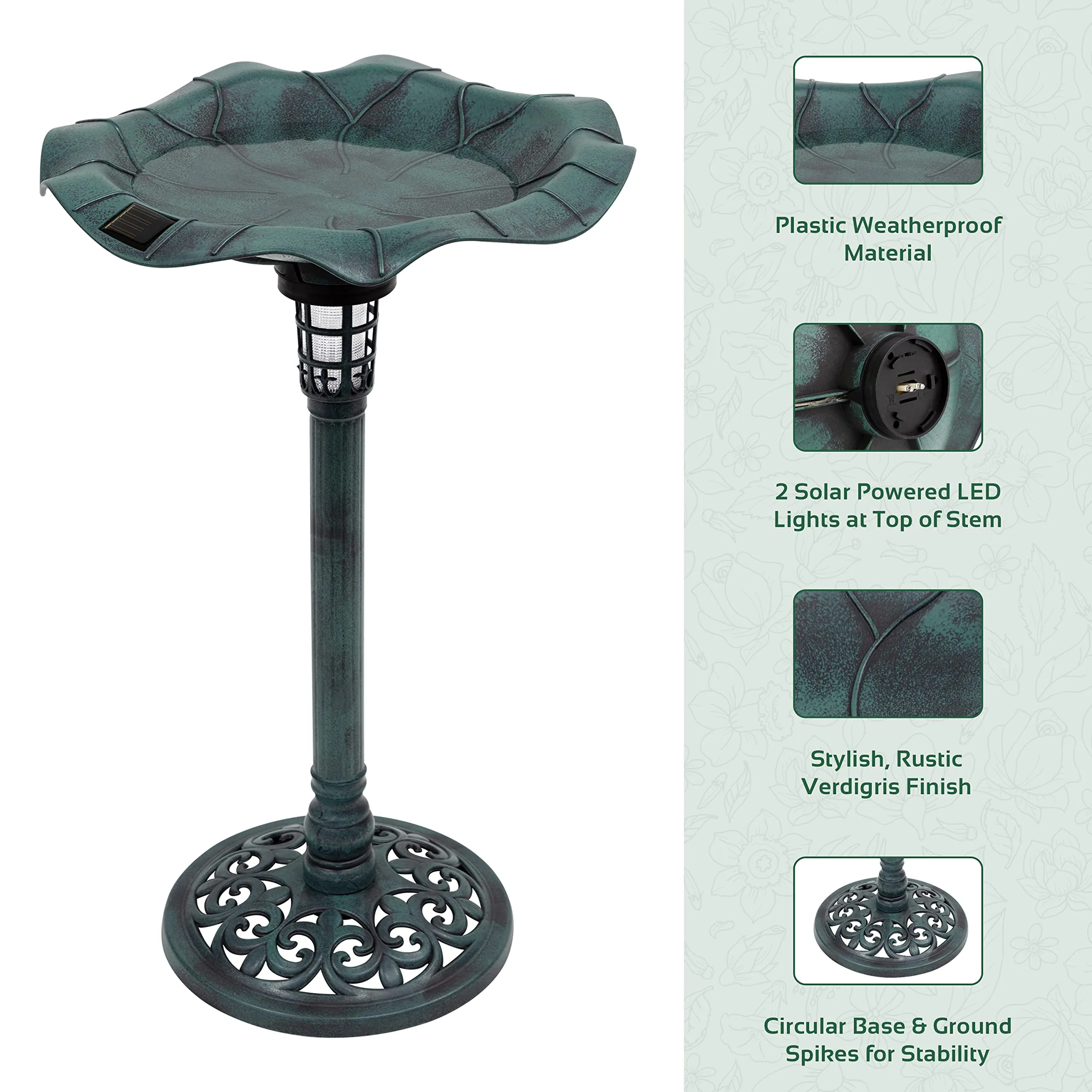 GardenKraft 17430 Bird Bath with Solar Powered Light & Verdigris Metal Effect/Decorative Weatherproof Garden Feature/Easy To Assemble / 80cm x 43cm