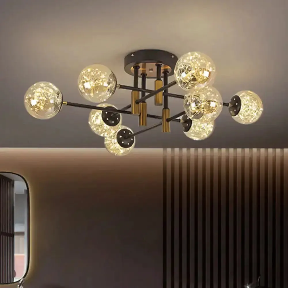 Glowing String Black Glass Ball Ceiling Mounted LED Semi Mount Light Fixture