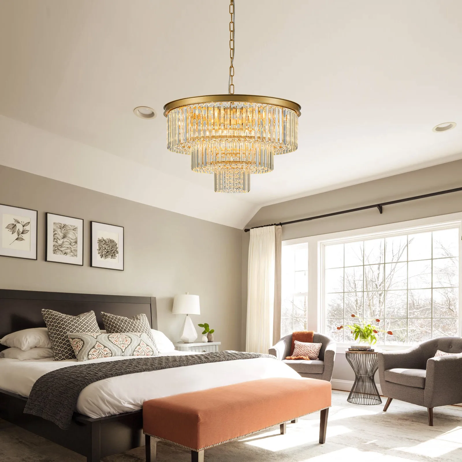 Glowlings 8-Light Luxury 3-Tier Round Gold Crystal Chandelier for Bedroom Entryway