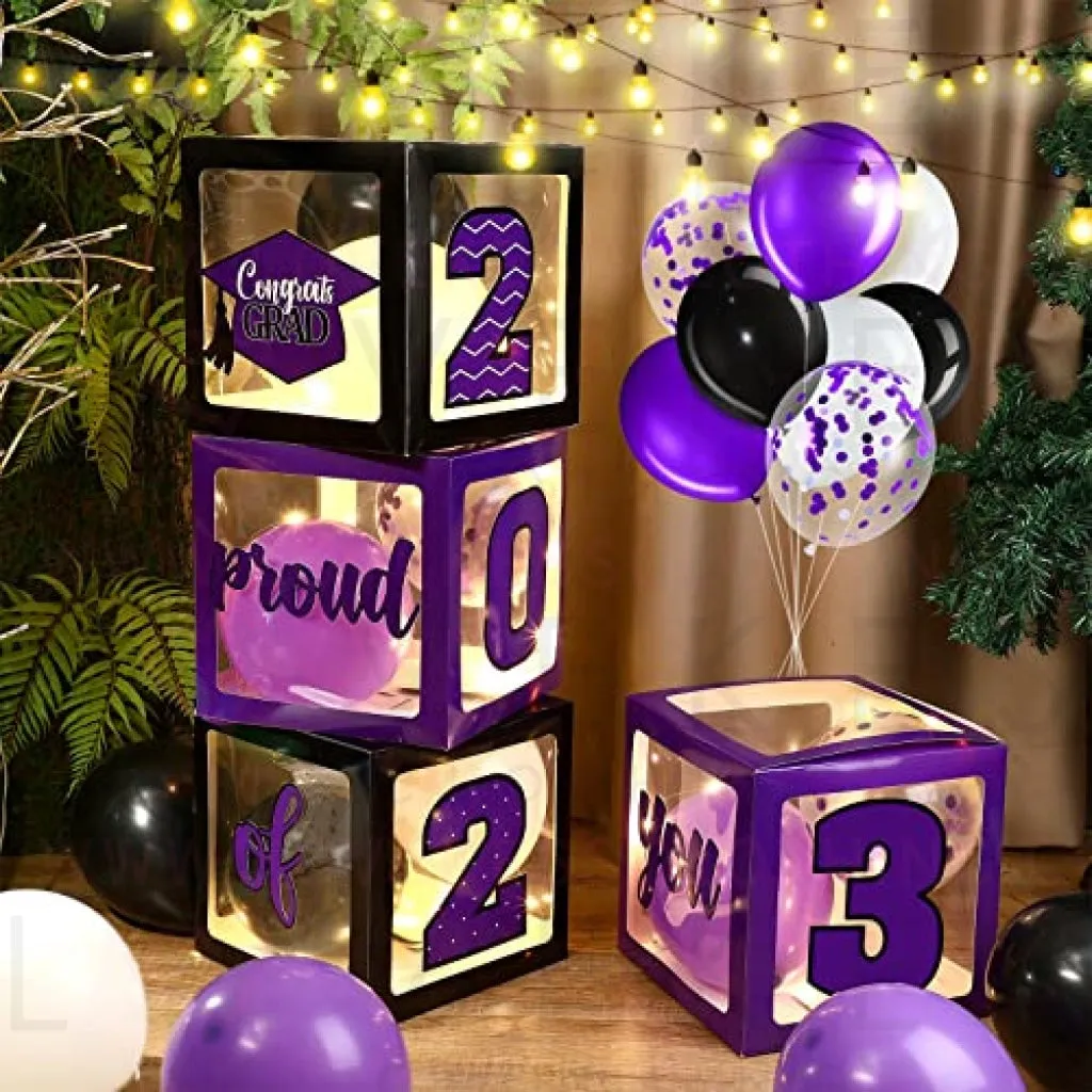 Graduation Box Decorations with Balloon and LED Light Strings Congrats 2023 Grad Party Supplies Proud of You Balloon Boxes for Class of 2023 School College Party Decor, 44 Pieces (Purple)