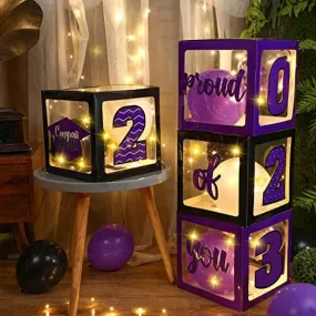 Graduation Box Decorations with Balloon and LED Light Strings Congrats 2023 Grad Party Supplies Proud of You Balloon Boxes for Class of 2023 School College Party Decor, 44 Pieces (Purple)