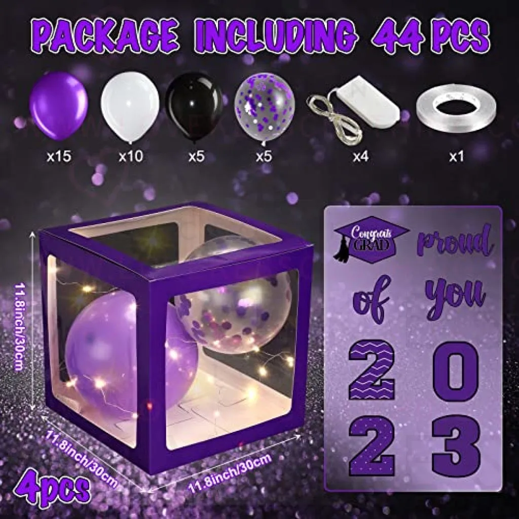 Graduation Box Decorations with Balloon and LED Light Strings Congrats 2023 Grad Party Supplies Proud of You Balloon Boxes for Class of 2023 School College Party Decor, 44 Pieces (Purple)