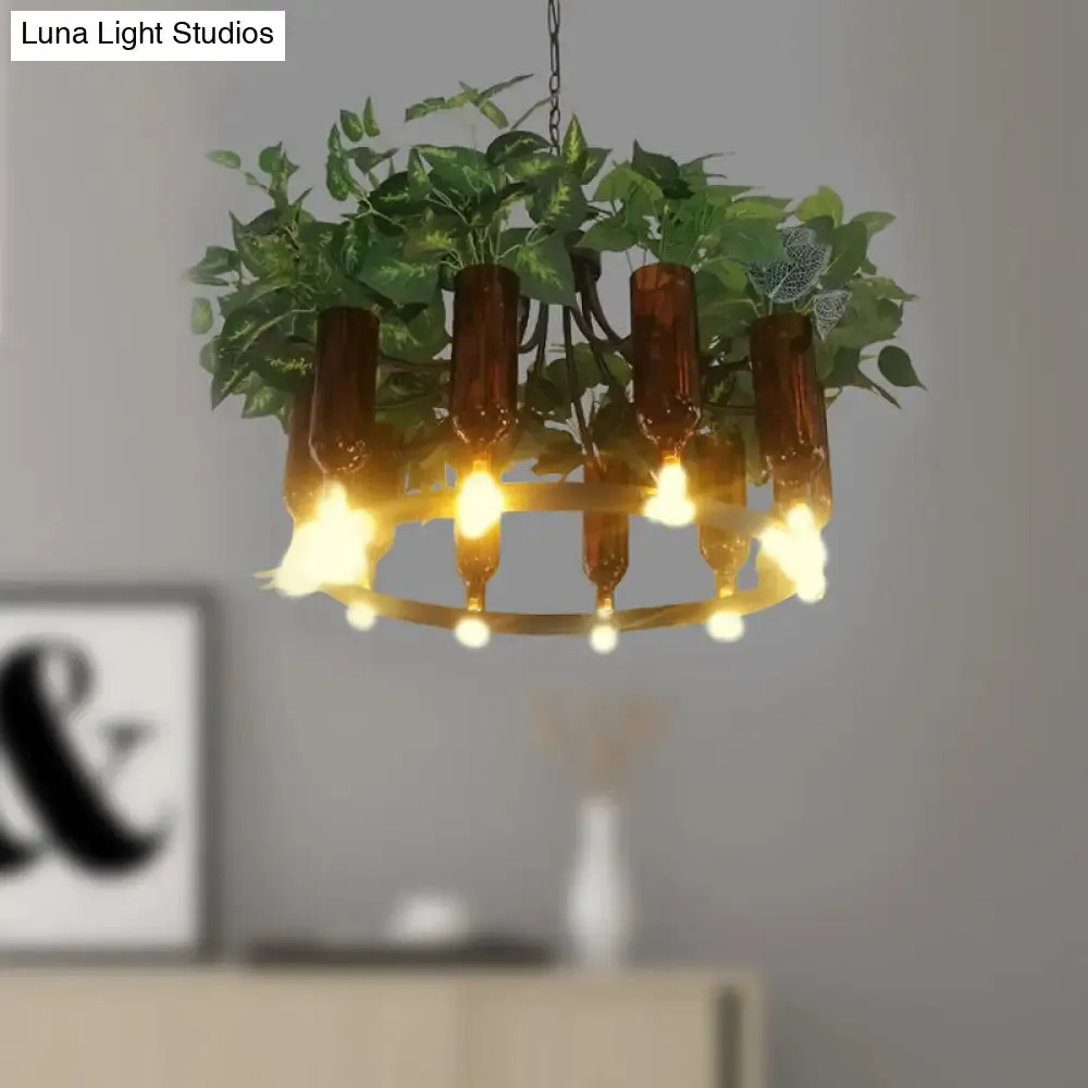 Green Wagon Suspension Light - Industrial Metal 10-Head Chandelier with Plant Deco - Perfect for Restaurants