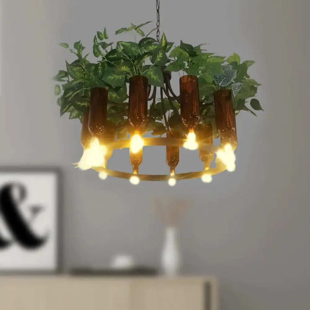 Green Wagon Suspension Light - Industrial Metal 10-Head Chandelier with Plant Deco - Perfect for Restaurants