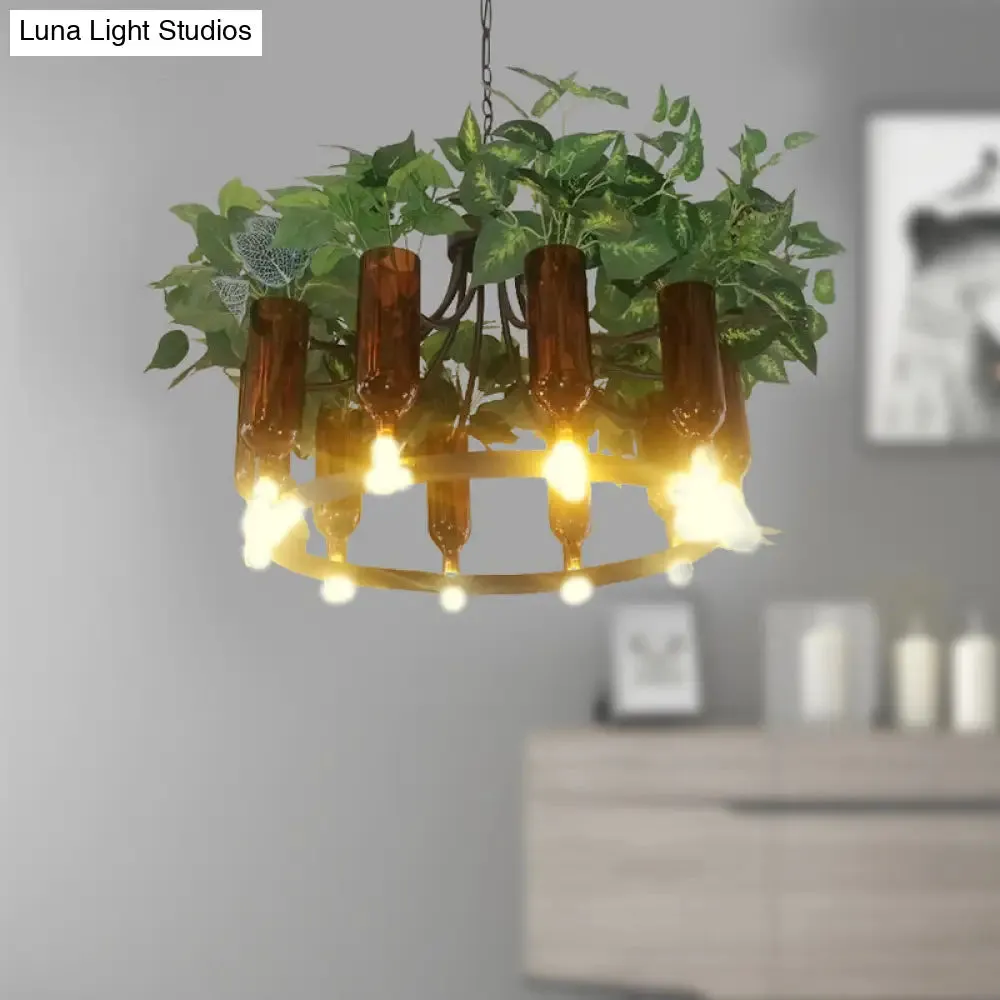 Green Wagon Suspension Light - Industrial Metal 10-Head Chandelier with Plant Deco - Perfect for Restaurants