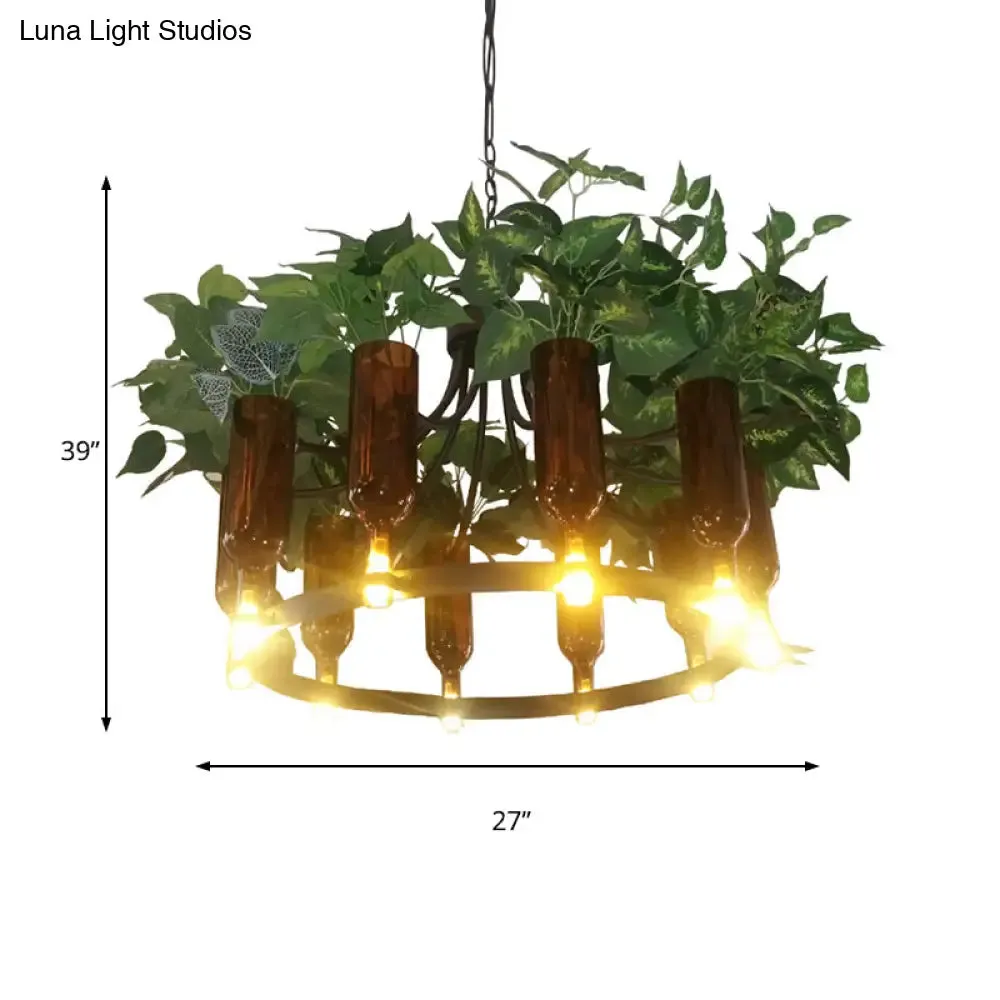 Green Wagon Suspension Light - Industrial Metal 10-Head Chandelier with Plant Deco - Perfect for Restaurants